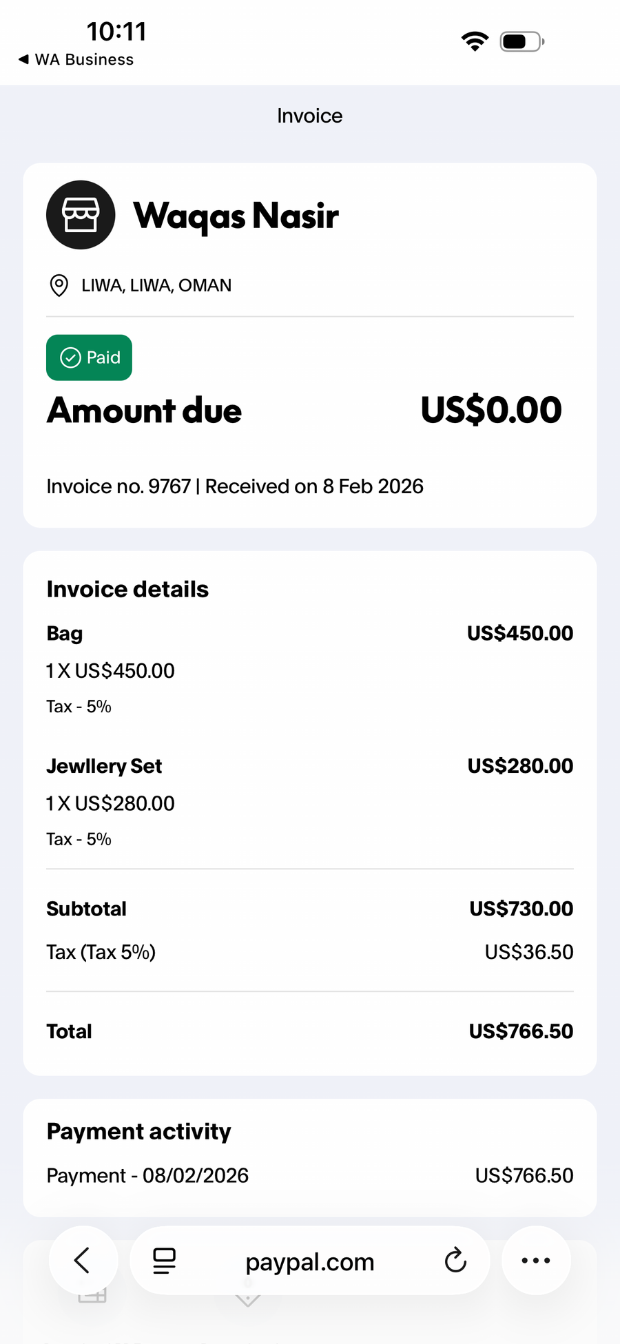 Payment proof screenshot