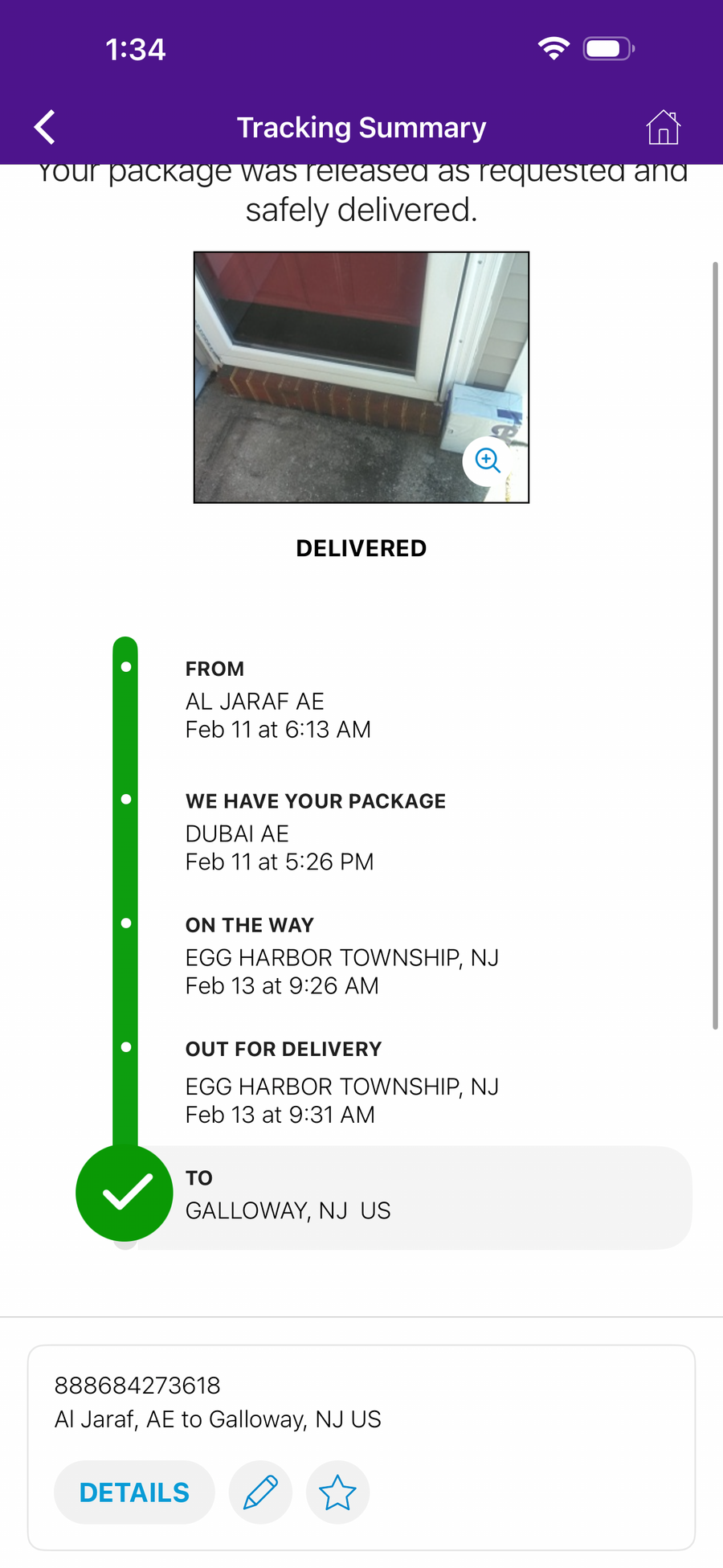 Delivery proof screenshot