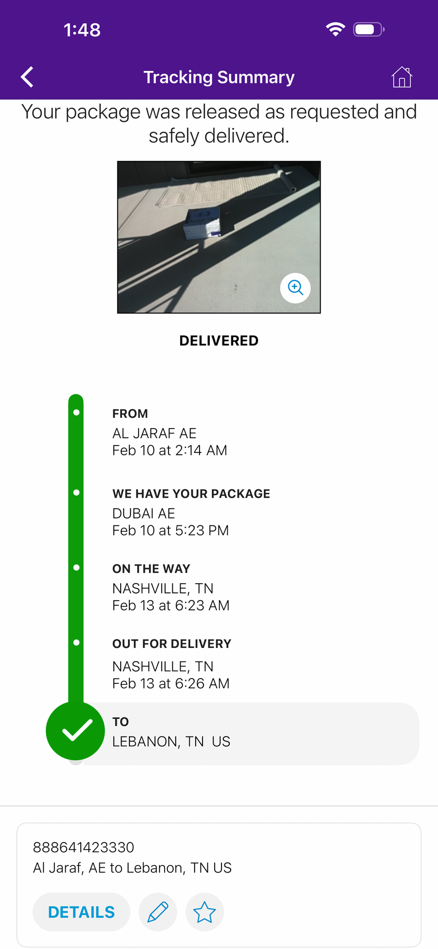 Delivery proof screenshot