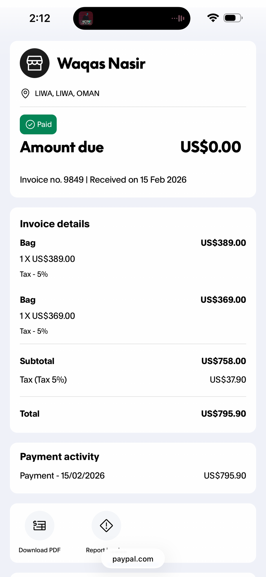 Payment proof screenshot