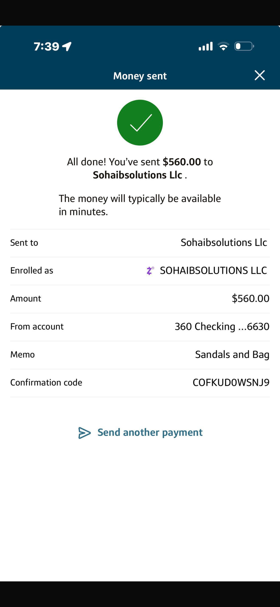 Payment proof screenshot