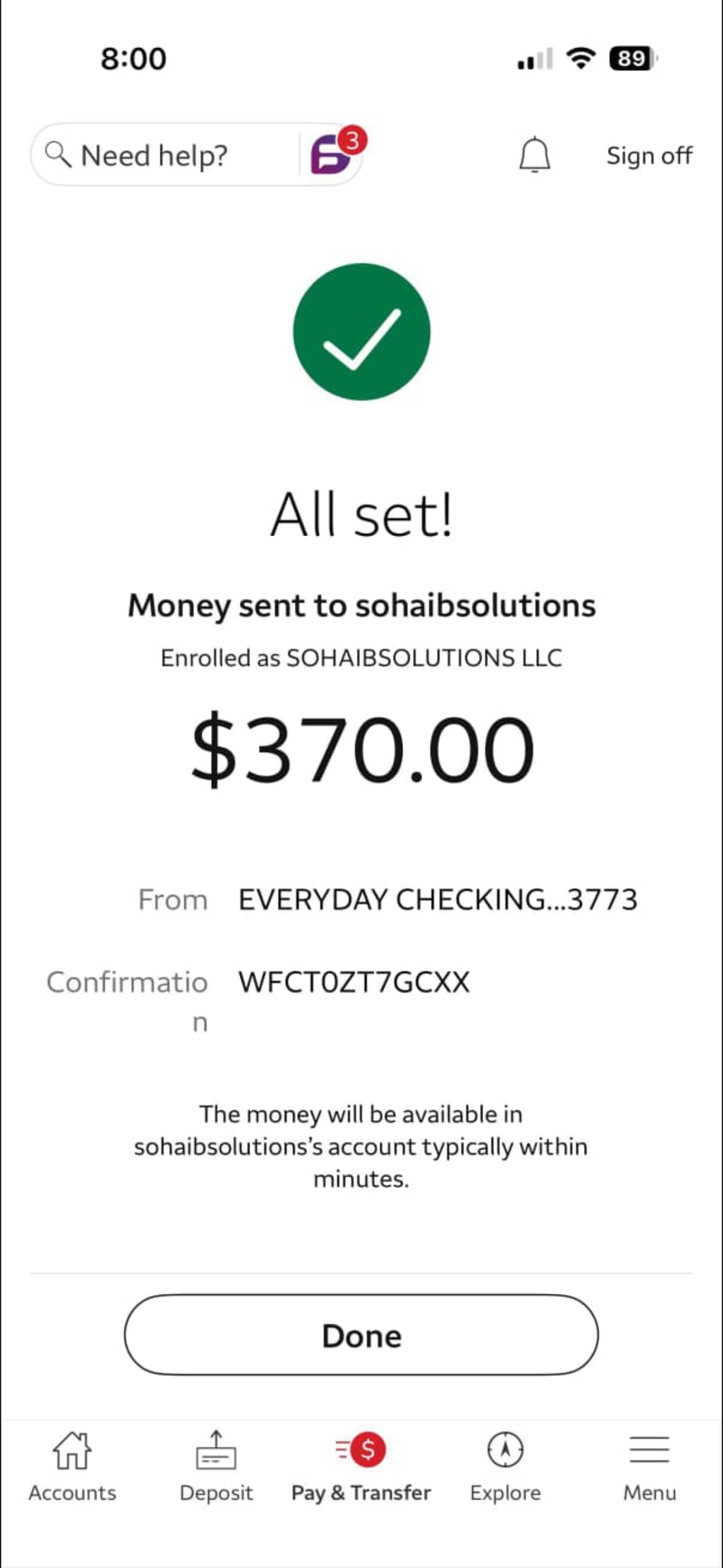 Payment proof screenshot