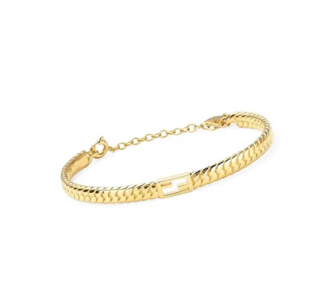 F Baguette Link Chain Gold Bracelet