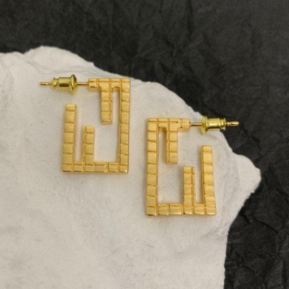 Ff Baguette Motif Shaped Gold Earrings