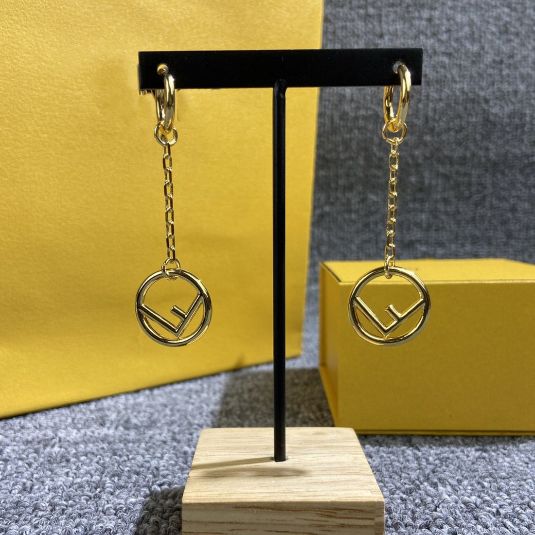 F Drop Gold Earrings