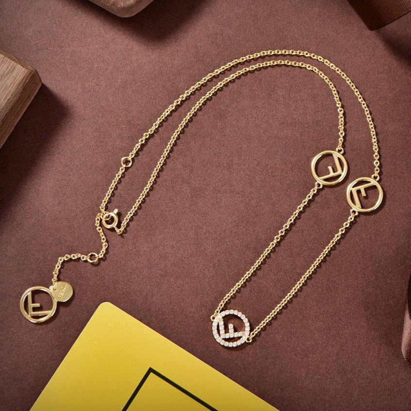 F Logo 3 Motif Gold Diamond Necklace