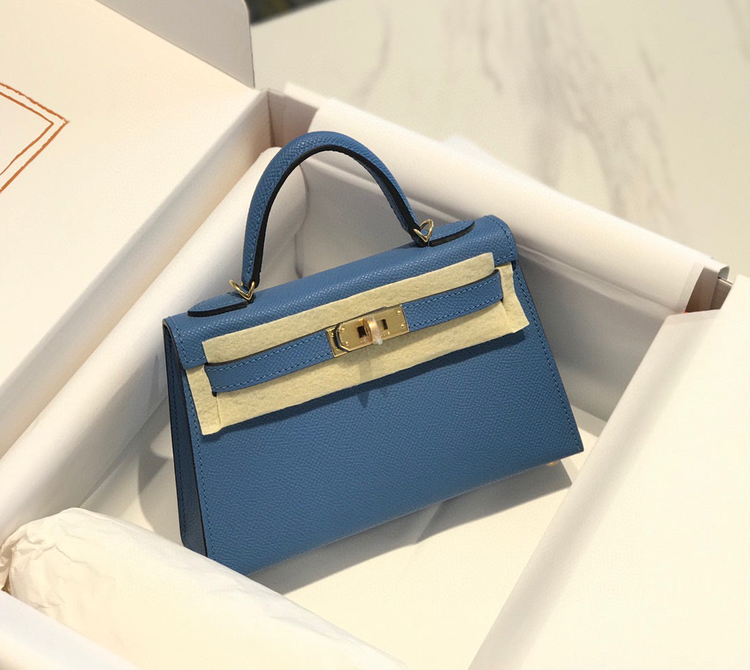 HM Kelly Mini 20 Blue Epsom Gold Hardware