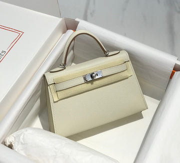 HM Kelly Mini 20 White Epsom Silver Hardware