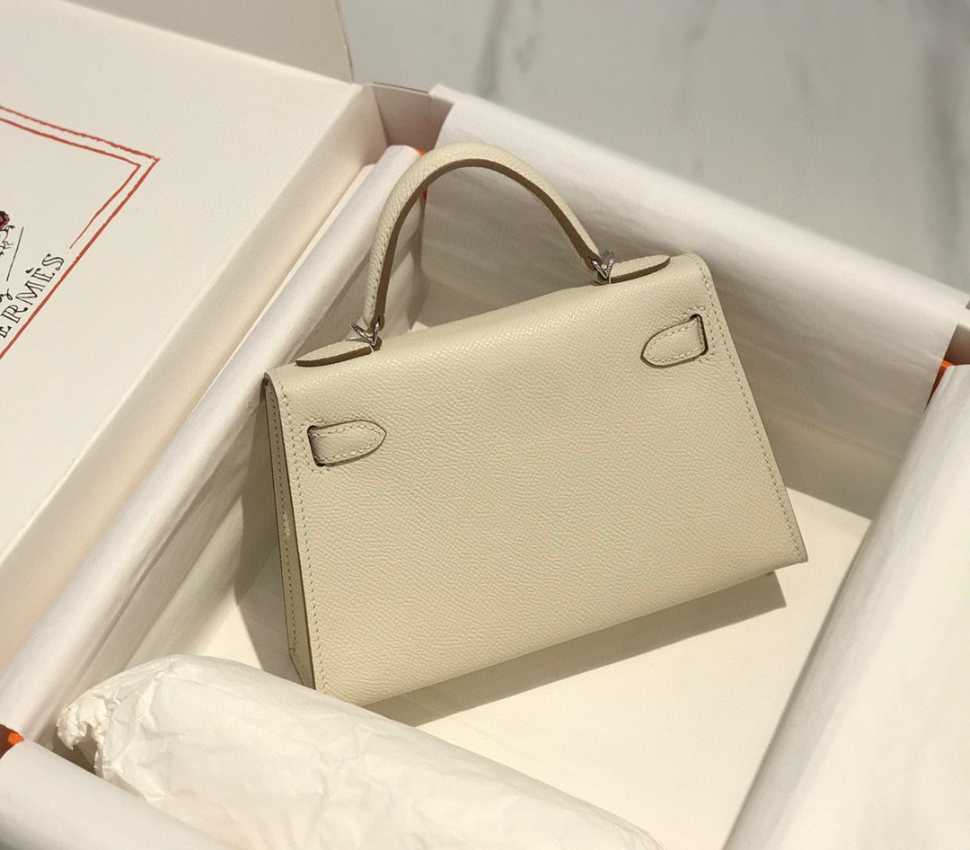 HM Kelly Mini 20 White Epsom Silver Hardware