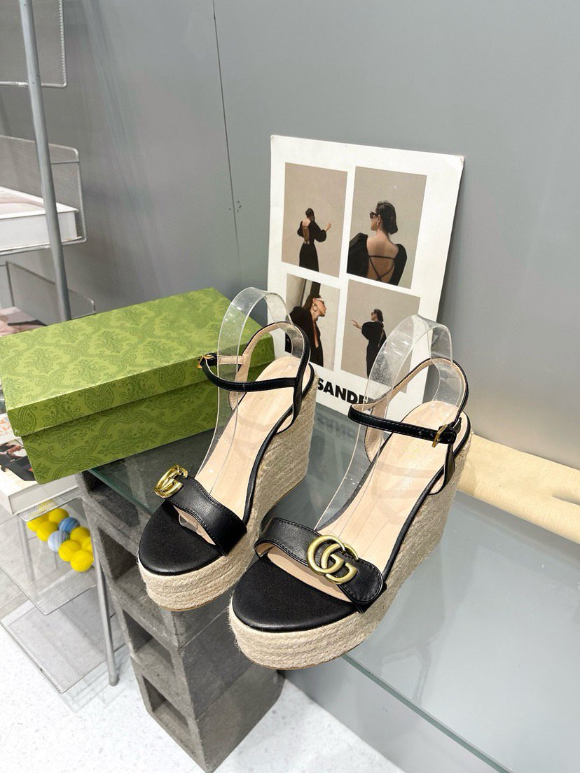 GG Marmont Sandal 140MM Espadrilles Black Leather
