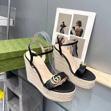 GG Marmont Sandal 140MM Espadrilles Black Leather