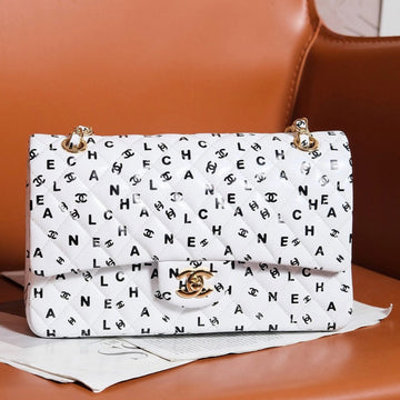 24S Flap Bag White Calfskin Multi Logo Gold Hardware