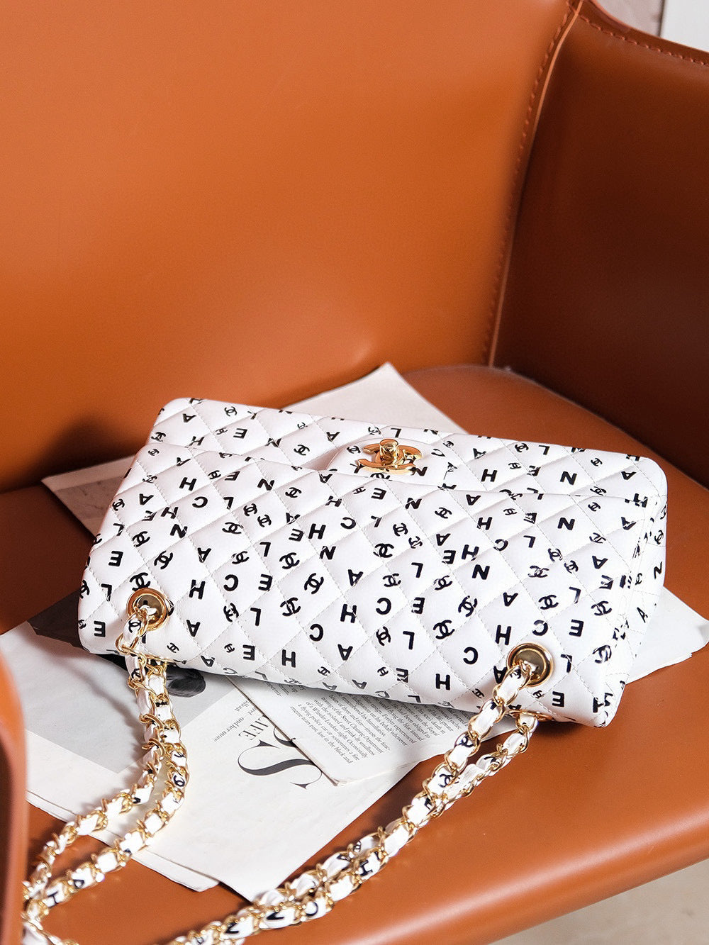 24S Flap Bag White Calfskin Multi Logo Gold Hardware