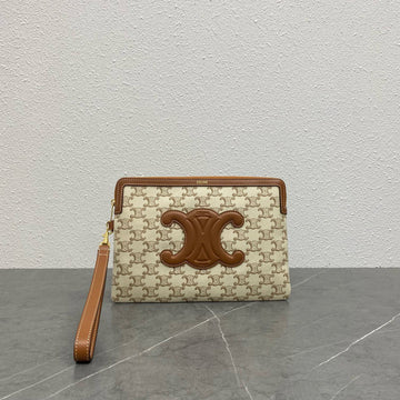 Small Pouch With Strap 24CM Beige Textile Tan Calfskin