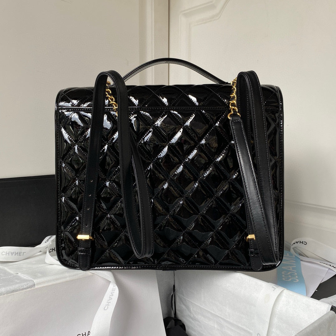CC Large Backpack 31CM Black Patent Calfskin Gold Hardware