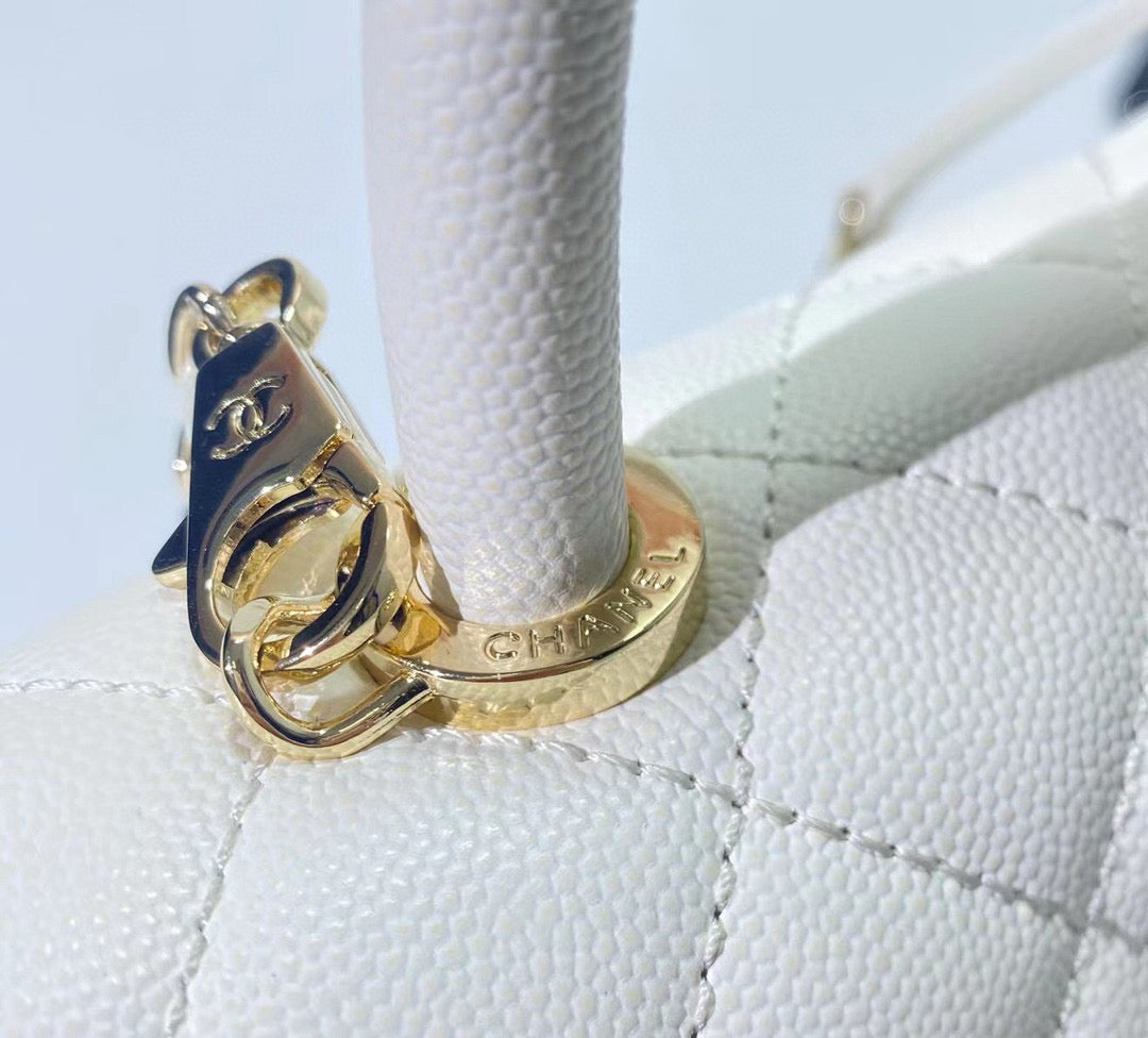 Coco Handle Flap Bag 23CM White Quilted Caviar Light Gold Hardware