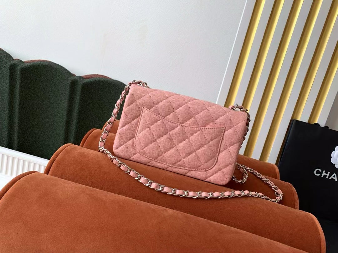 Flap Bag Mini 20CM Pink Caviar Leather Silver Hardware