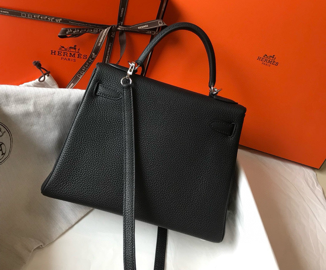 HM Kelly Black Togo Leather Silver Hardware