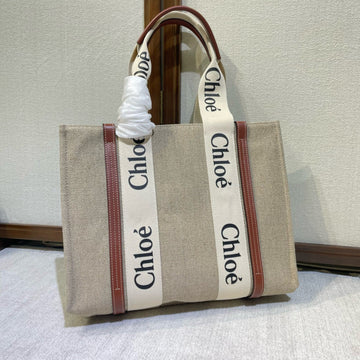 Chloé Woody Tote Bag 37CM In Linen Brown White