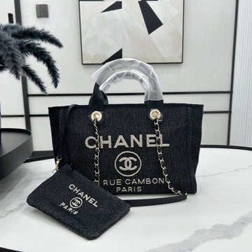 CC DEAUVILLE MEDIUM 33 TOTE BAG IN BLACK CANVAS GHW Bags Bible