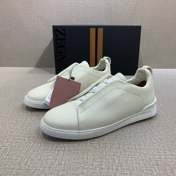 Zegna Triple Stitch Ivory Leather Sneakers
