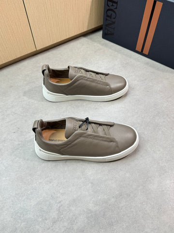 Zegna Triple Stitch Olive Green Leather Sneakers