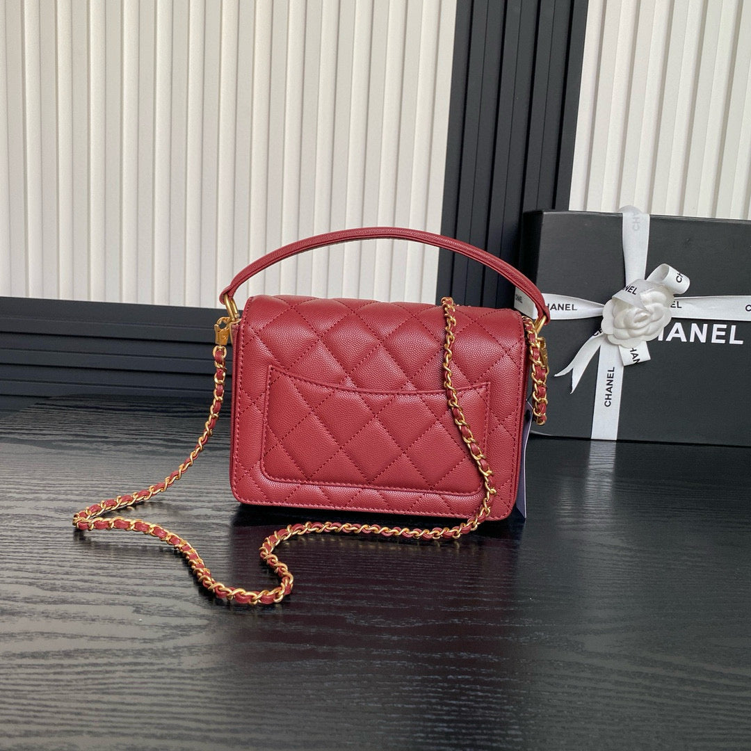 CC 24K Top Handle 19CM Burgundy Calfskin Gold Hardware