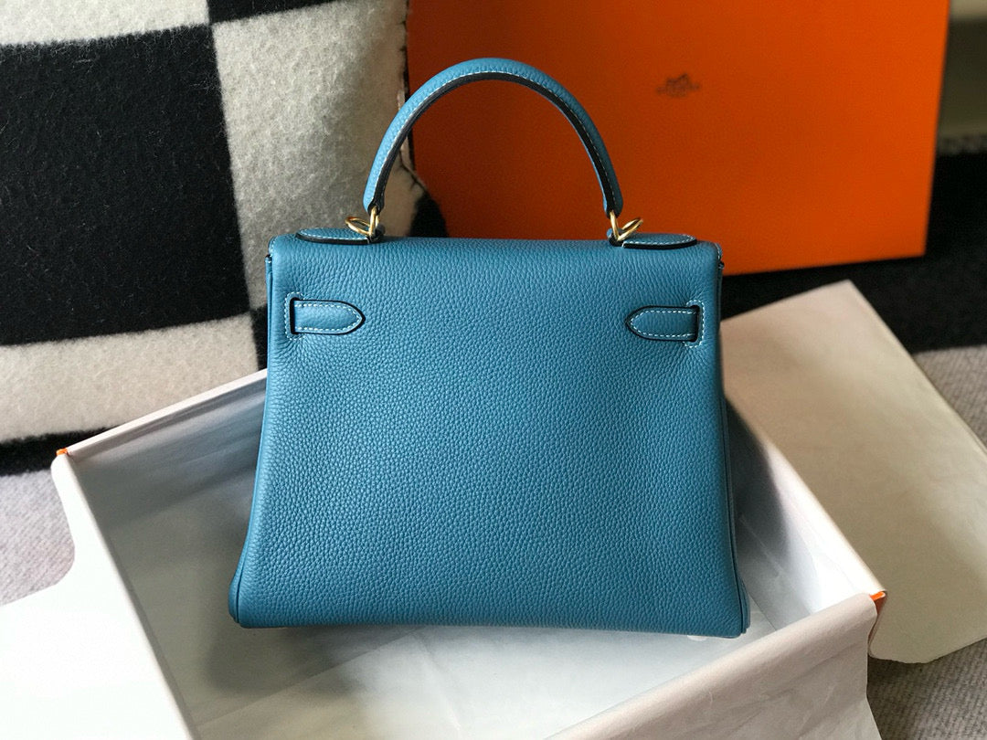 HM Mini Kelly 28CM Blue Jean Togo Leather Gold Hardware