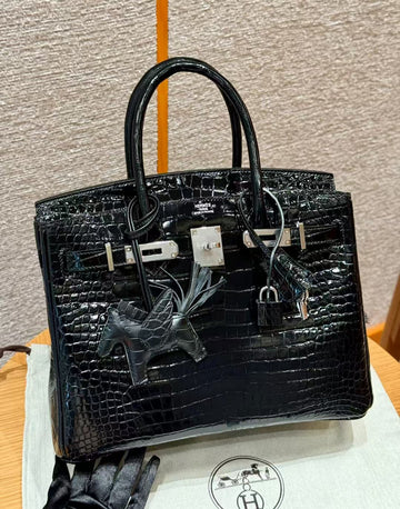 HM Birkin Bag 35 Black Crocodile Embossed Leather