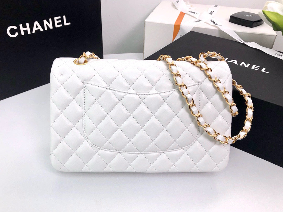 Classic Flap 25 White Lambskin Light Gold Hardware