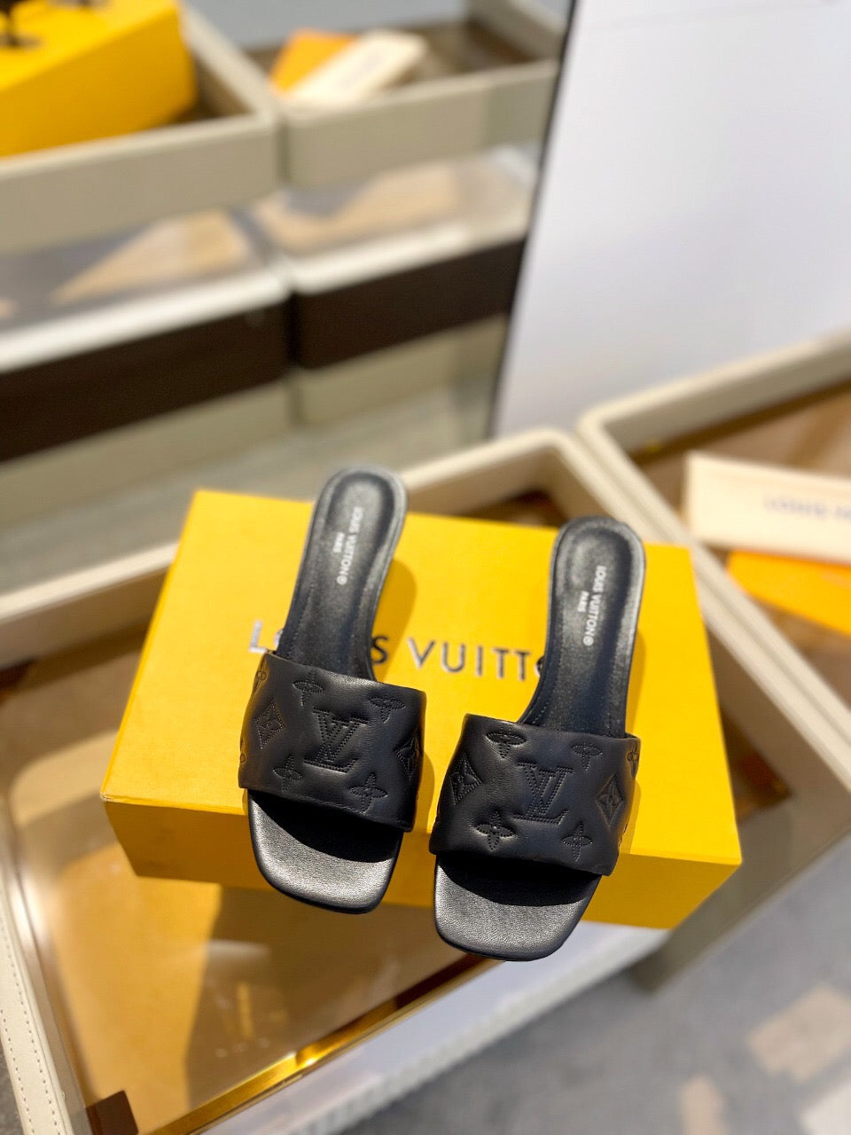 LV Neo Revival Mule 55MM Black Embossed Logo Cowhide