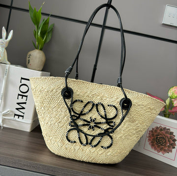 Loew Anagram Basket 46CM Beige Raffia Black Calfskin