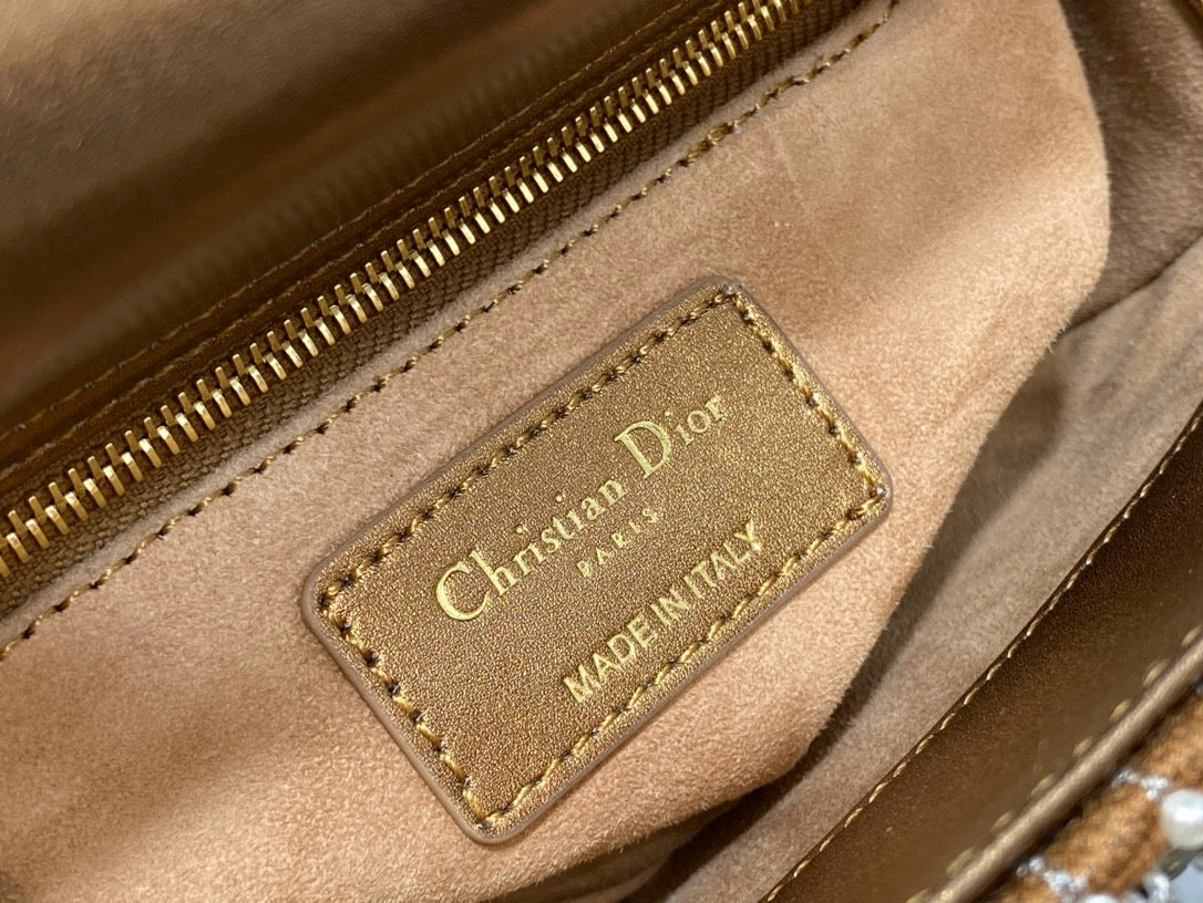 CD Lady 17 Brown Metallic Canvas And Calfskin Attached Diamonds