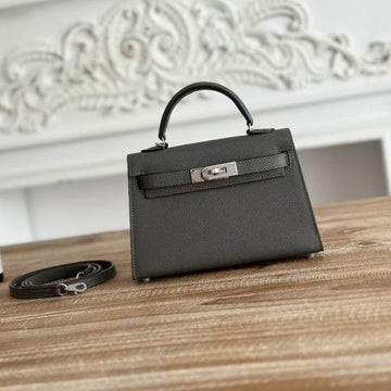 HM Mini Kelly 19CM Charcoal Epsom Silver Hardware