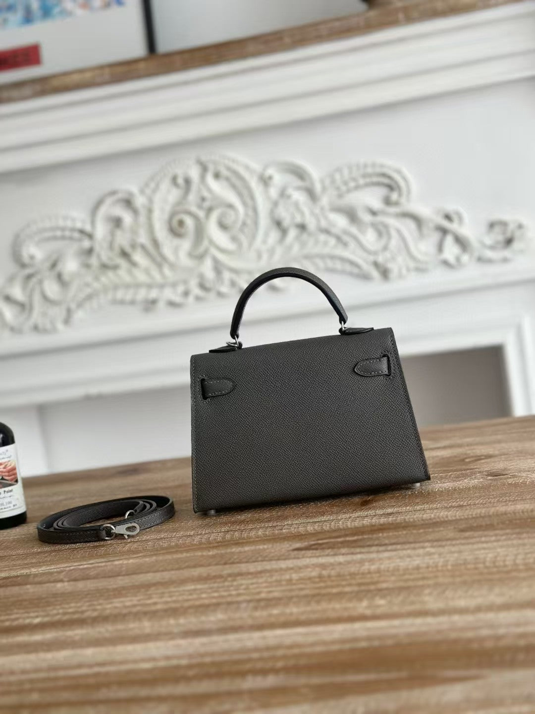 HM Mini Kelly 19CM Charcoal Epsom Silver Hardware