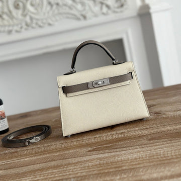 HM Mini Kelly 19CM Beige Mix Brown Epsom Silver Hardware