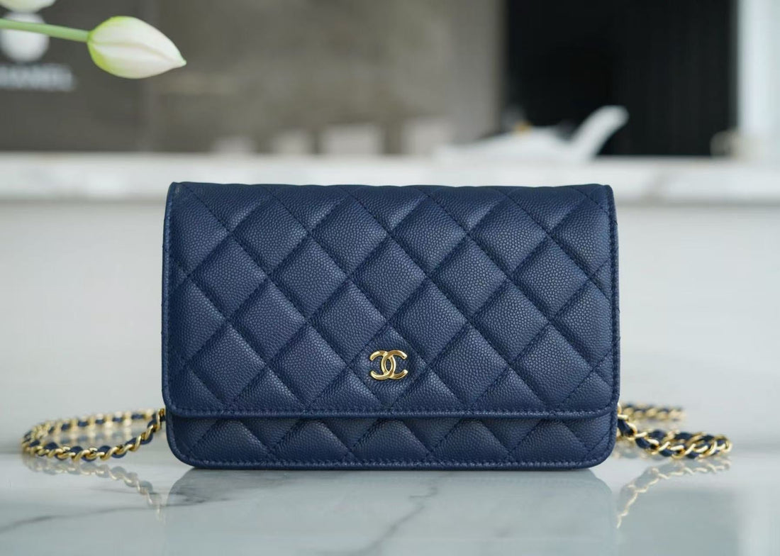 CC Wallet On Chain Woc Navy Blue Caviar Leather Gold Hardware