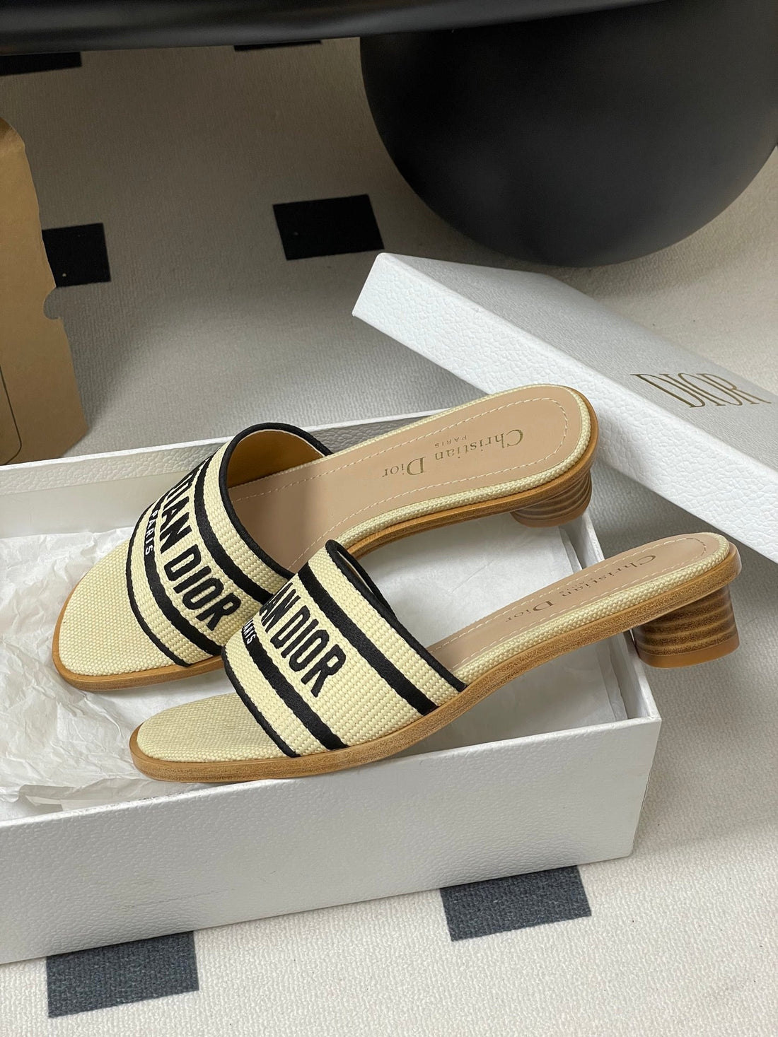 CD Dway Heeled Slide 35MM Natural Raffia And Deep Blue Embroidered Cotton
