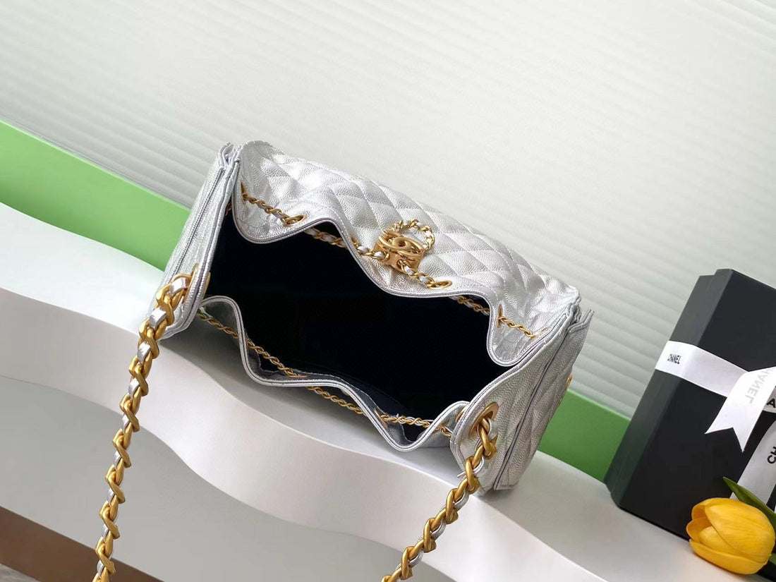 CC 25C Hobo Bags 30CM Silver Metallic Grained Calfskin