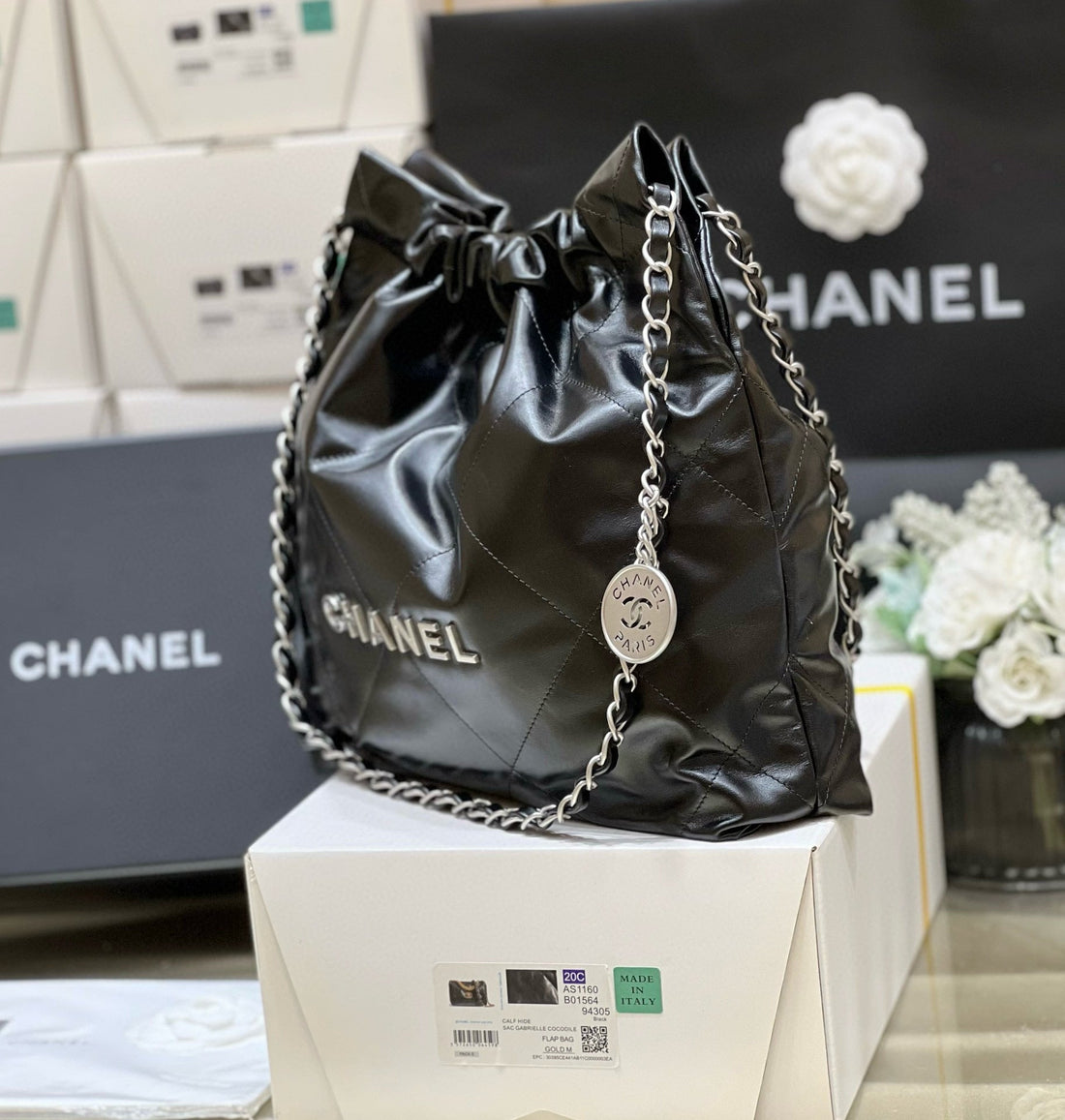 CC Hobo Bag 22 Black Lambskin Silver Hardware Best Version