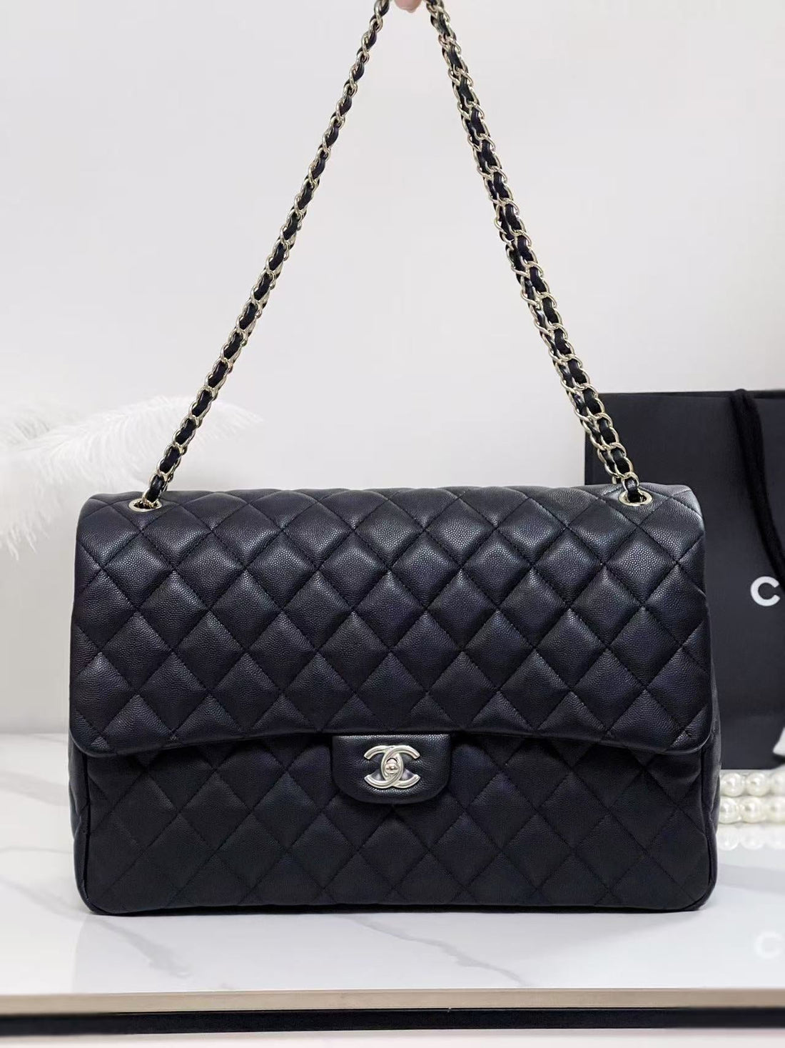 Chanel 40CM Bag Black Silver Lambskin