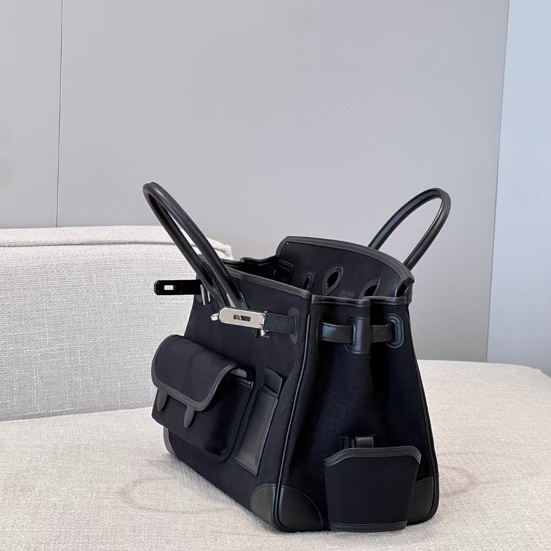 HM Birkin Cargo 35CM Black Sesame Swift And Canvas Silver Hardware