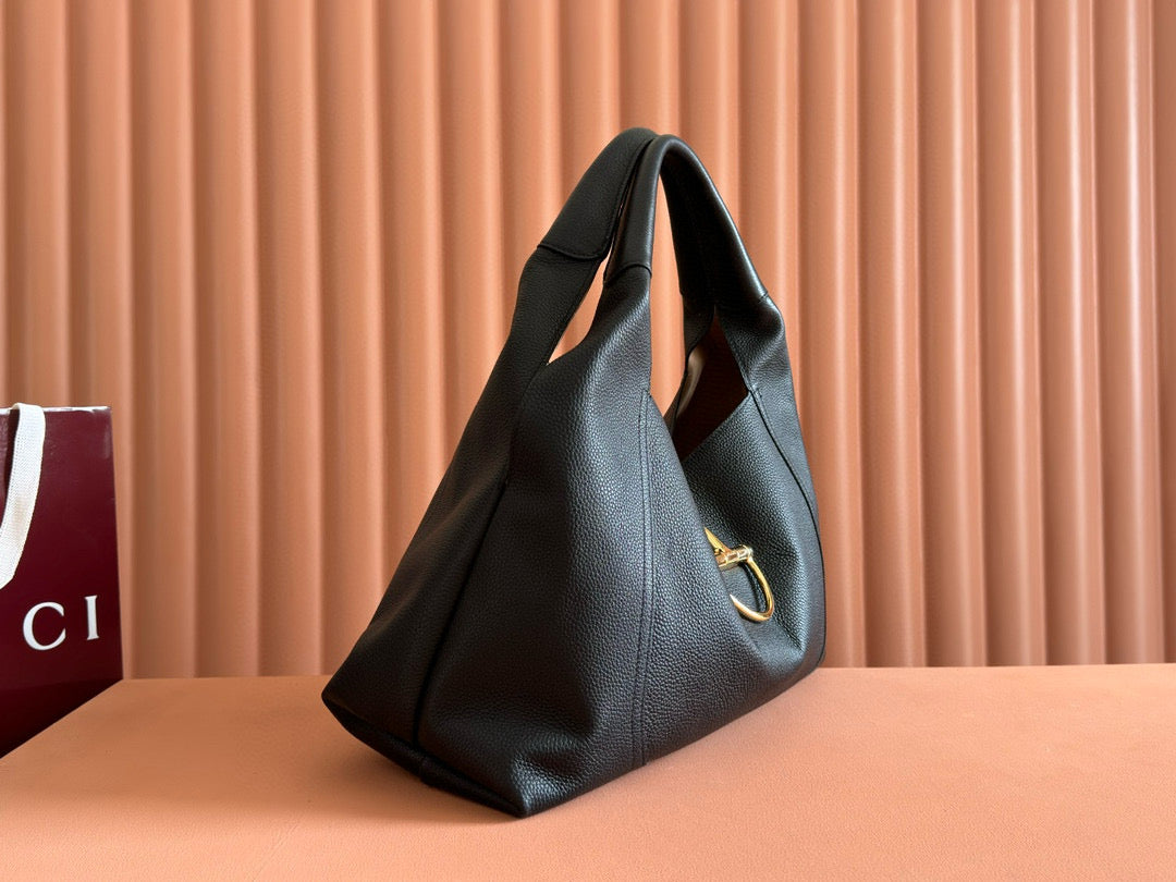 GG Softbit Shoulder Bag 46CM Black Grained Calfskin Gold Hardware