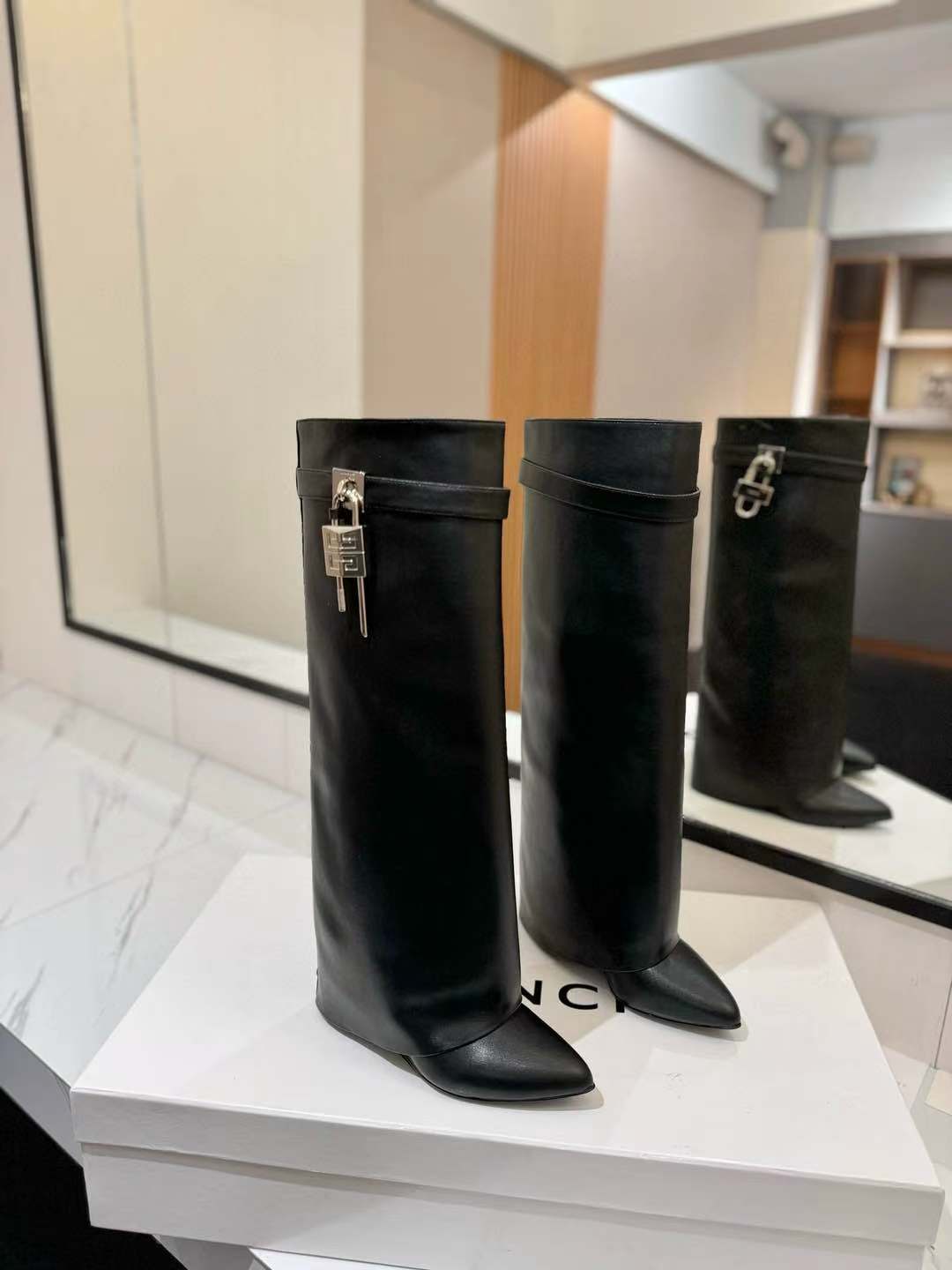 Givenchy Shark-Lock Knee-High Boots Black Cowhide Sliver Hw