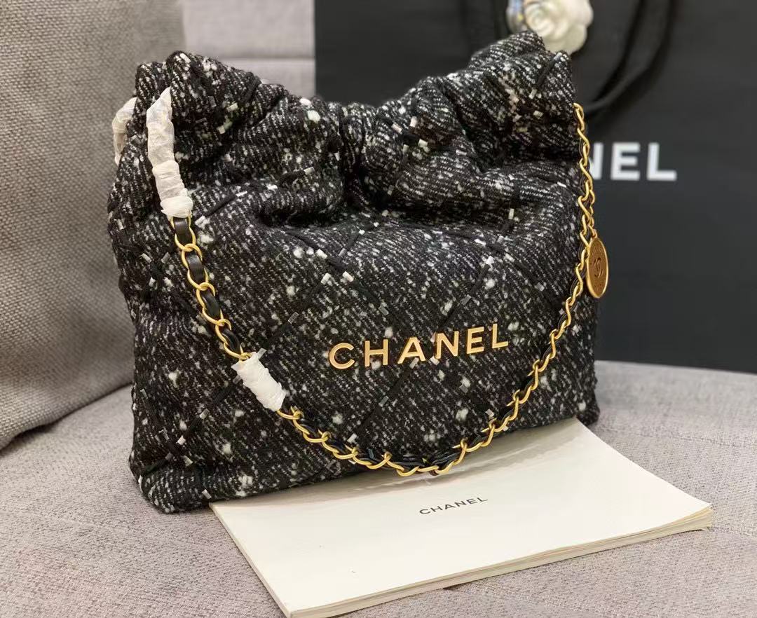 Chanel Hobo 39CM Bag Black Gray Tweed