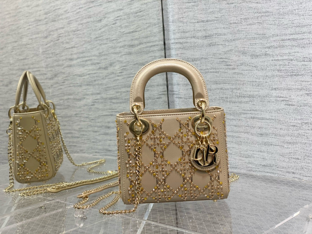 CD Lady Dior 17CM Bag Gold Diamond Silk