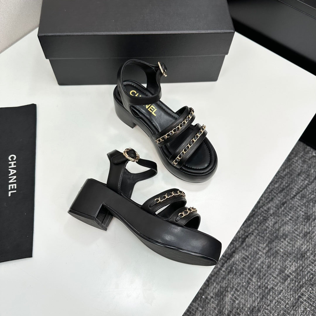 CC 25FW Platform Sandals 6CM Heel Black Calfskin
