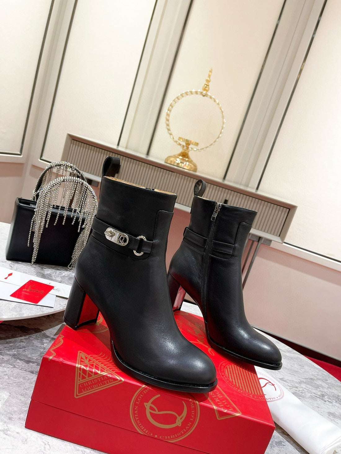 Cl Turn-Lock Buckle Red Sole Booties Black Calfskin