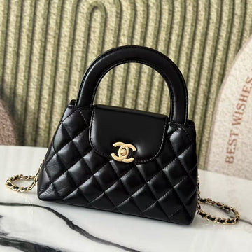 CC 24A Nano 19CM Kelly Shopper Bag Black Lambskin Light Gold Hardware