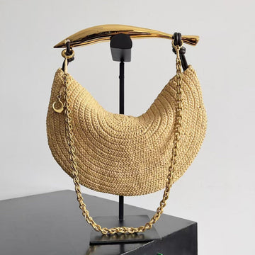 Bottega Veneta Sardine Chain Beige Gold Raffia-Effect Bag